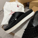 Authentic Christian Louboutin Black Habib Leather Sliders 8UK 42 9US